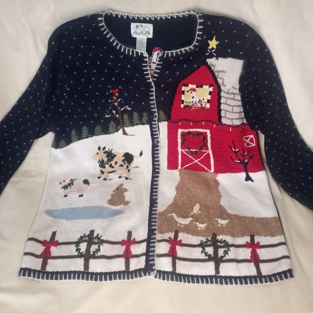 The Quacker Factory Vintage Angora Embroidered Winter Farm Wonderland Sweater 1X